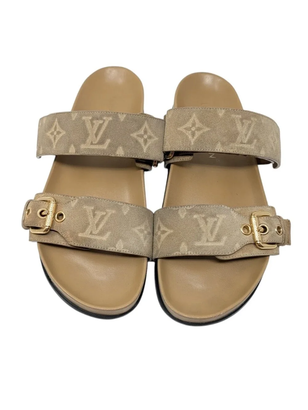 Louis Vuitton Distressed Beige Bom Dia Suede Monogram Sandals Size EU 37.5